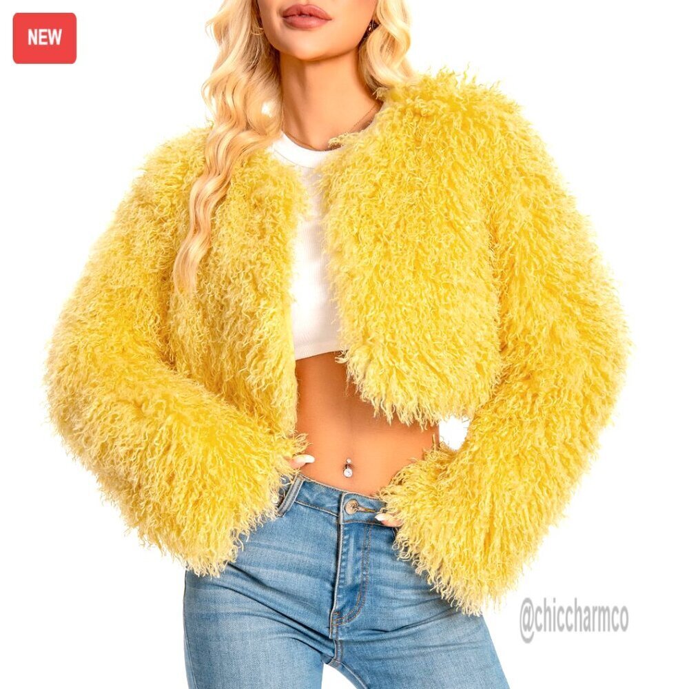 Cropped Mongolian Faux Fur Jacket Fluffy Winter Coat Y2K Chic Plus Size